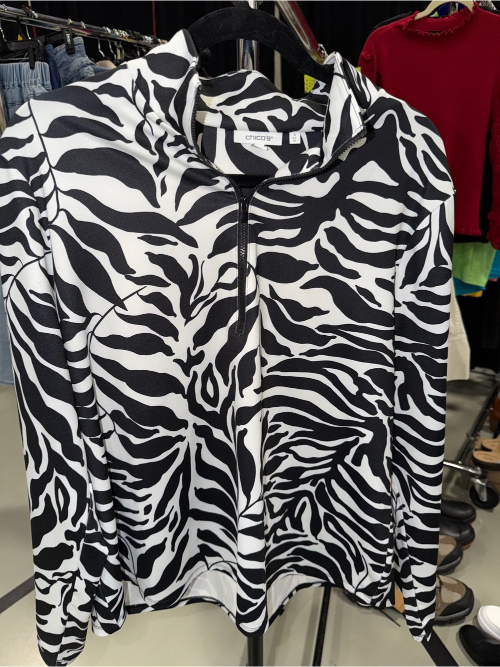 Chico's Black and White Zebra-Print Quarter-Zip Top
